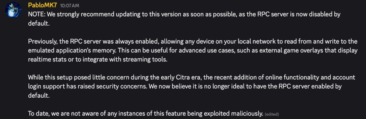PabloMK7 announcement on new Azahar update.